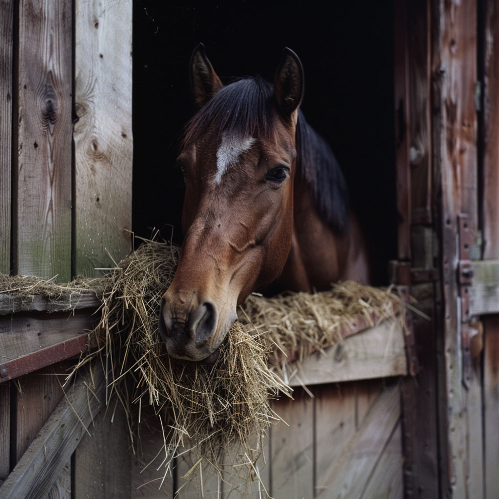 Pferd im Stall frisst Heu