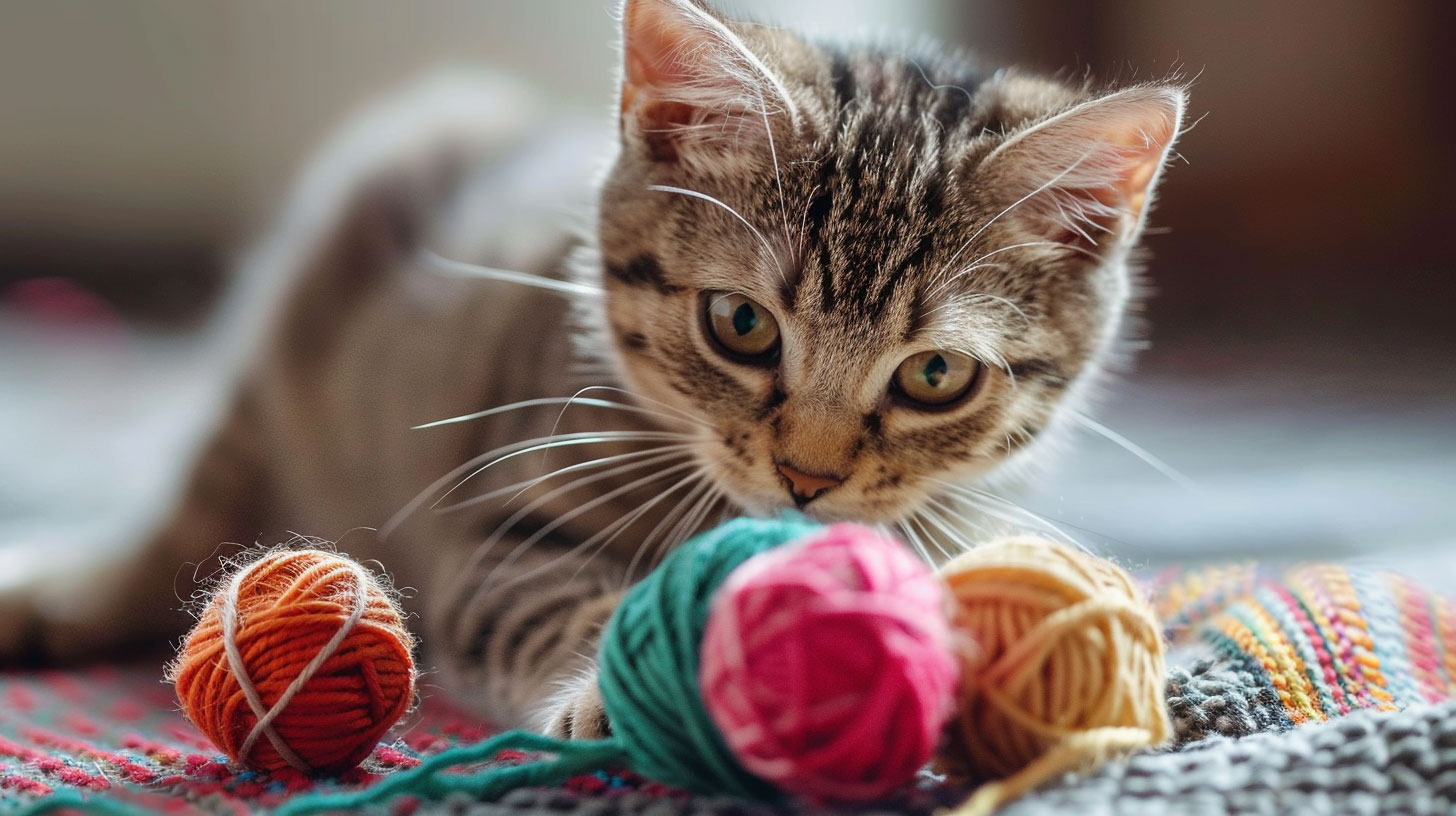 Spielende Katze mit Wollknäuel