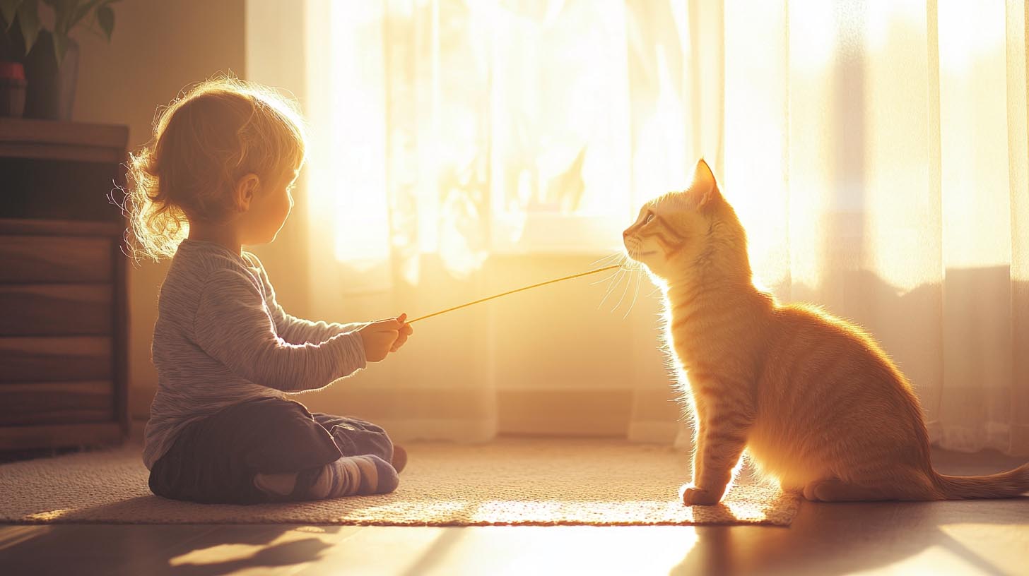 Spiele zwischen Katze und Kind